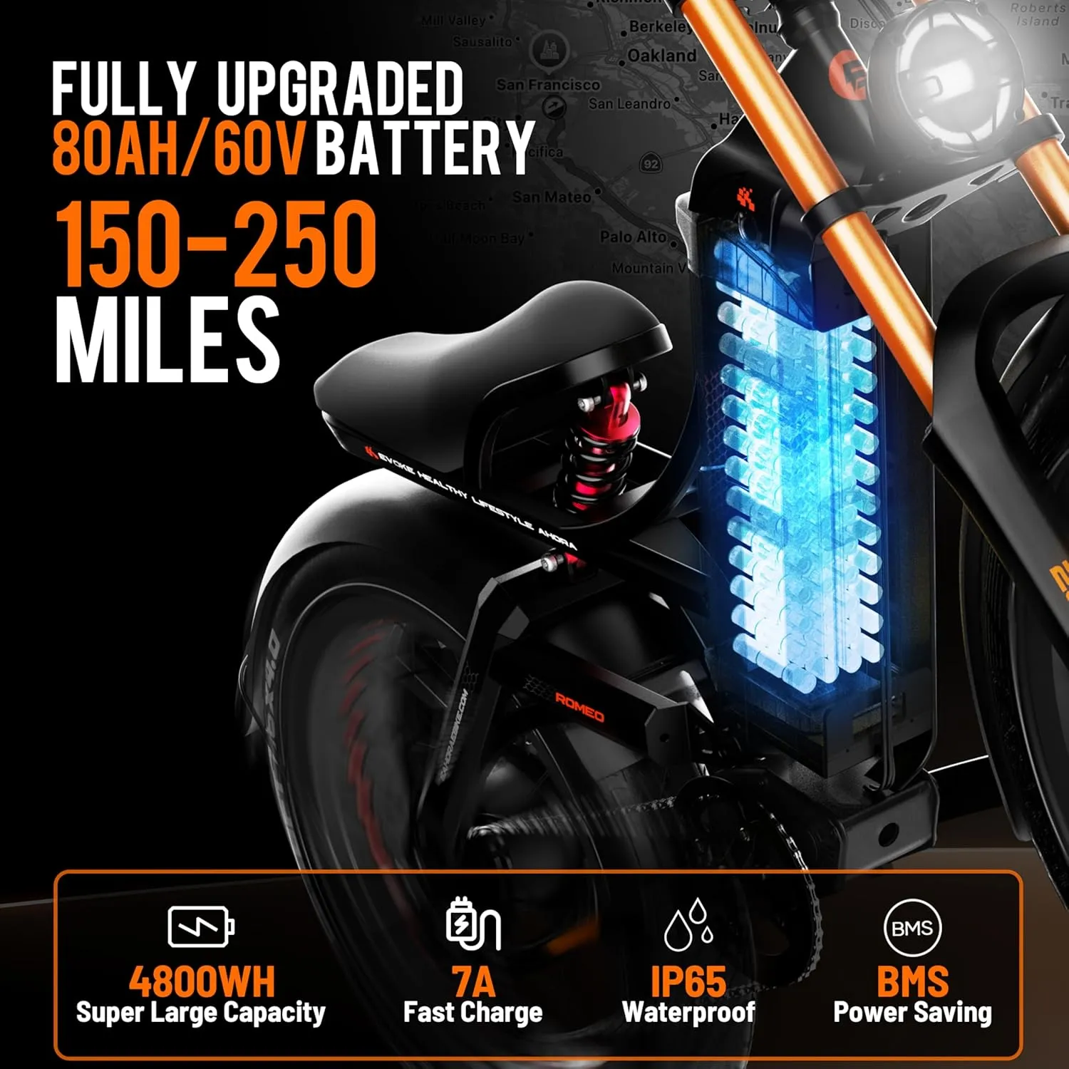 2025 Romeo Pro 3/2 50Mph/46Mph Electric Bike for Adults, 5000W/4000W Dual Motor Ebike, 60V/80Ah 52V/70Ah 235 Miles Long Range Ebike, 26 * 4.0" Fat Tire Electric Mountain Bike, Full Suspension