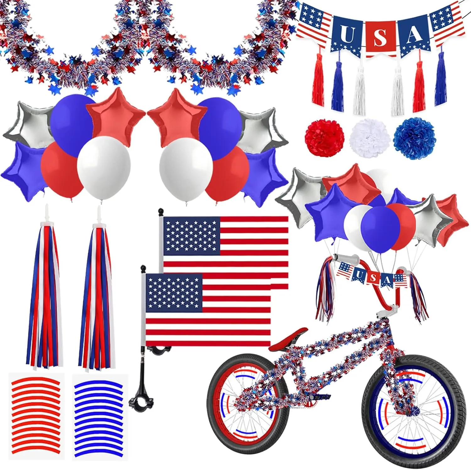 4th of July Bike Decorations 27Pcs Patriotic Parade Bike Streamers Bicycle Ribbon Tassels American Flag Fourth of July Accessories Red White Blue Decorations Independence Day Party Favors