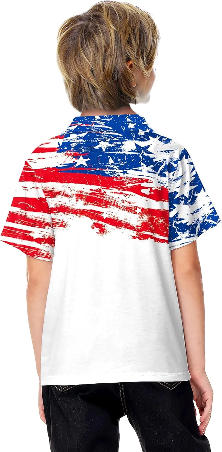 AOBUTE Kids Fourth of July Polo Shirt American Flag Golf Tee Shirts Short Sleeve Patriotic Outfits 3-14 Years