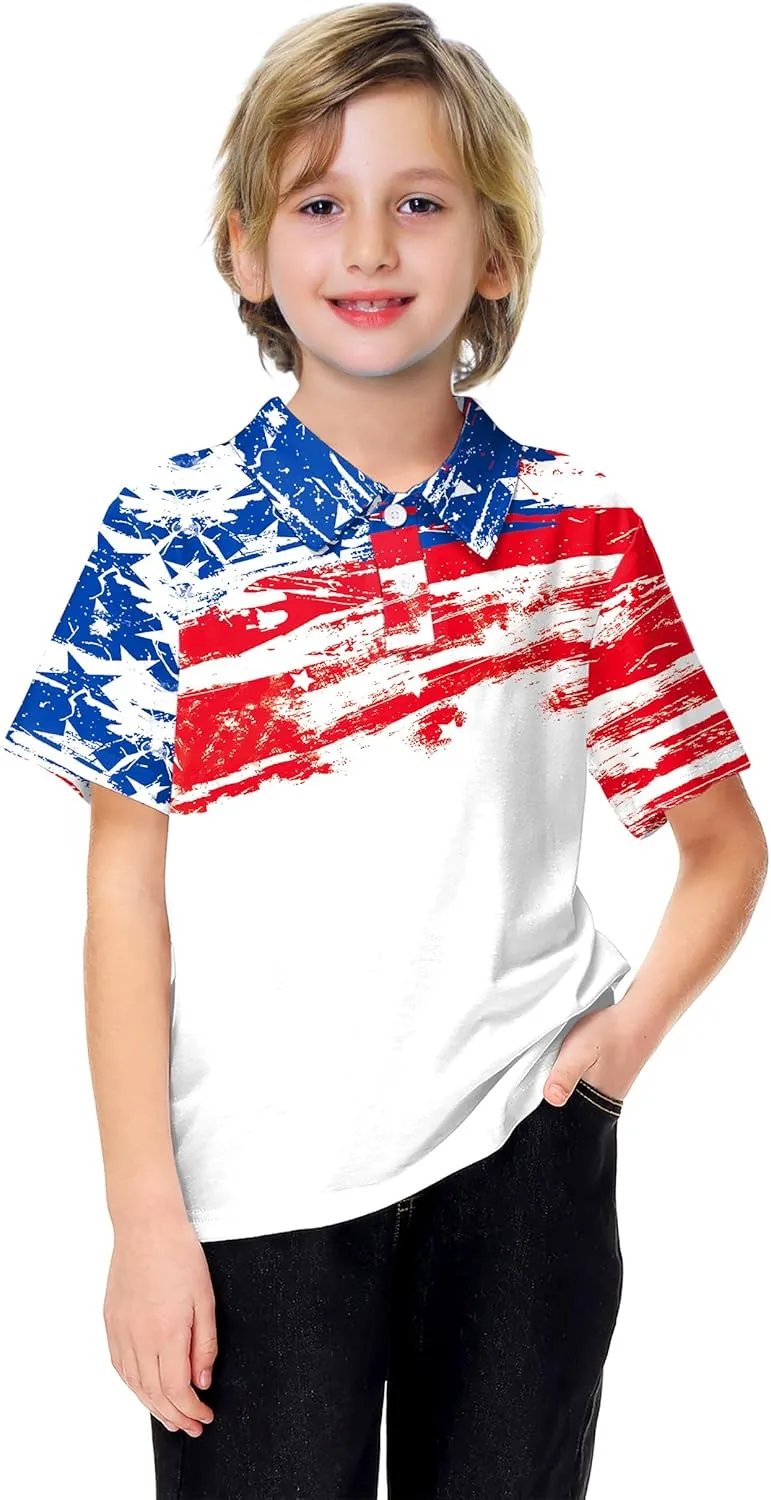 AOBUTE Kids Fourth of July Polo Shirt American Flag Golf Tee Shirts Short Sleeve Patriotic Outfits 3-14 Years