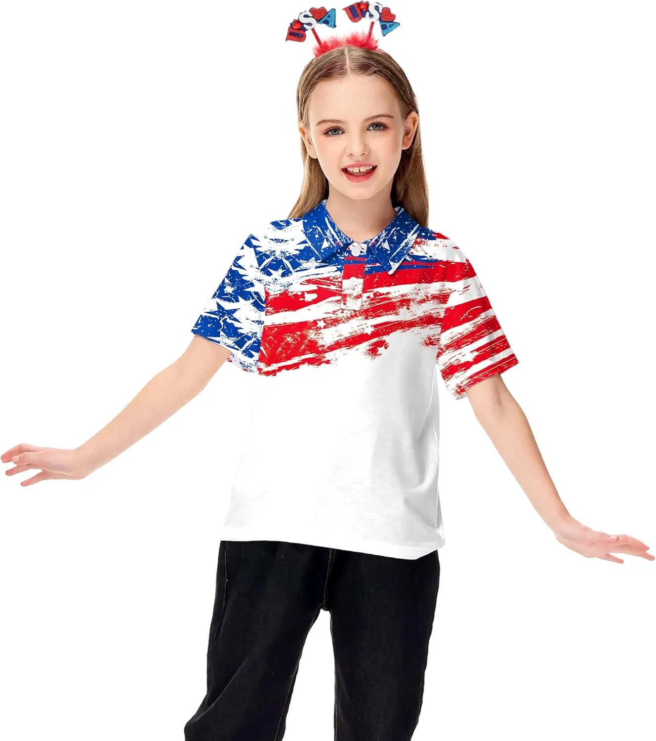AOBUTE Kids Fourth of July Polo Shirt American Flag Golf Tee Shirts Short Sleeve Patriotic Outfits 3-14 Years