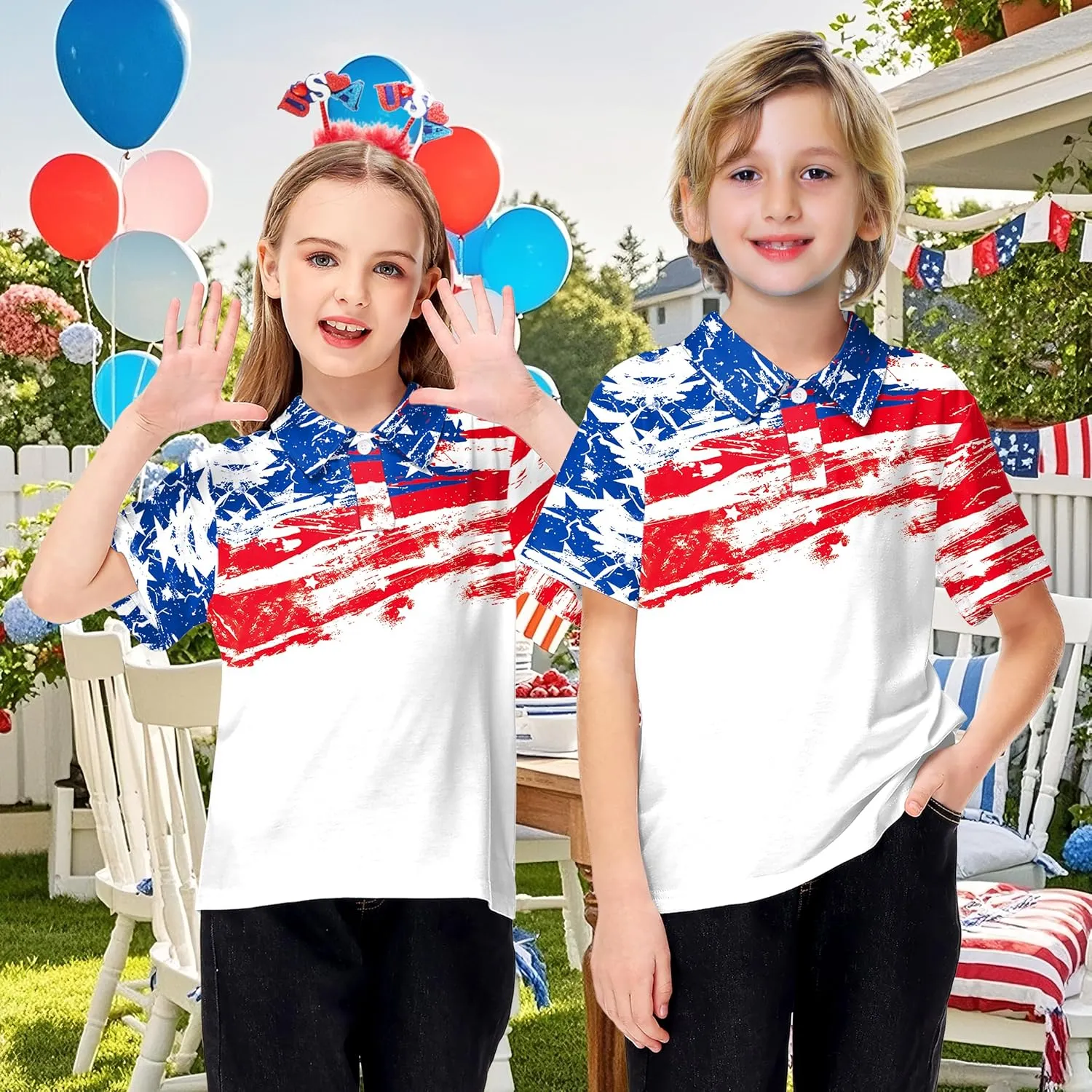 AOBUTE Kids Fourth of July Polo Shirt American Flag Golf Tee Shirts Short Sleeve Patriotic Outfits 3-14 Years