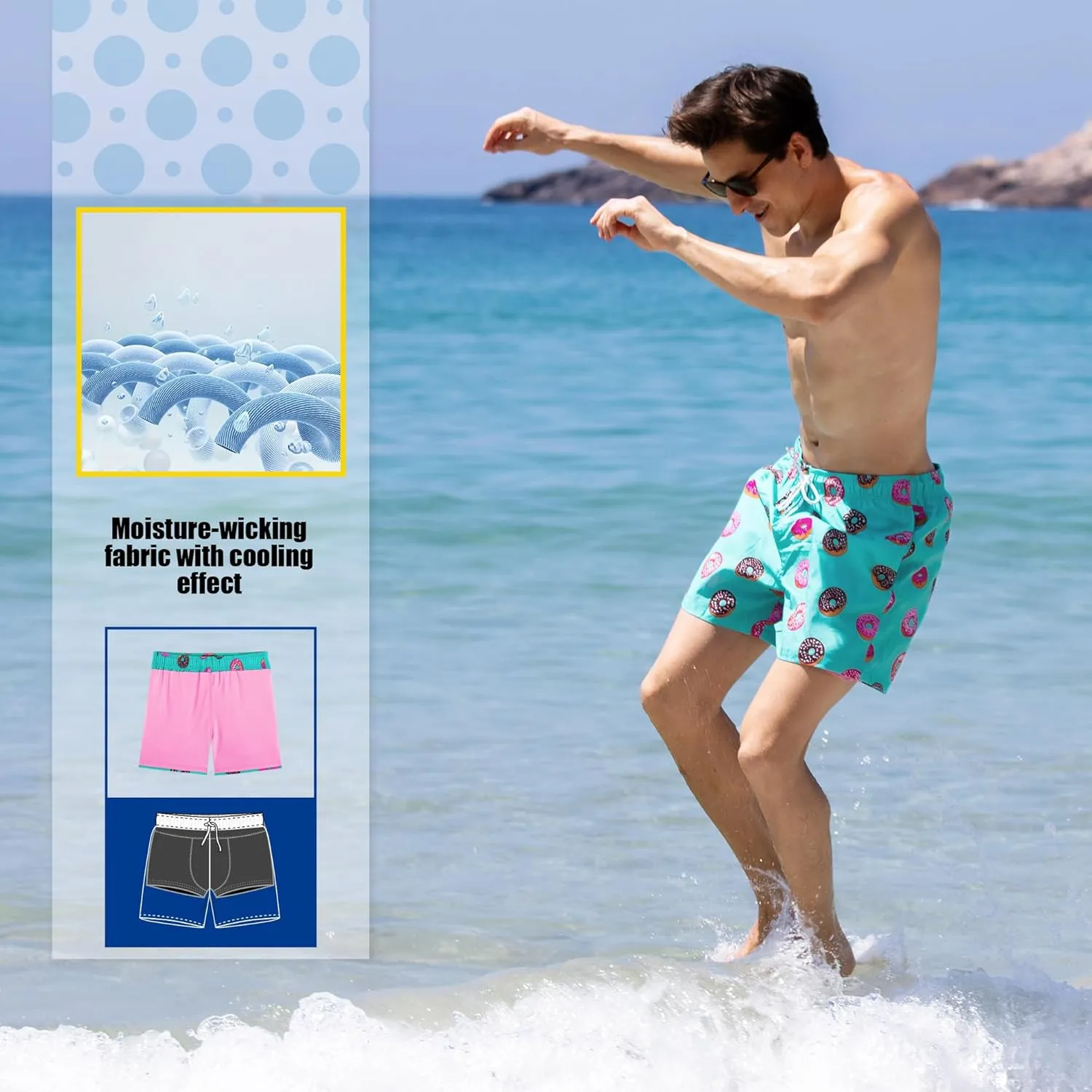 BRISIRA Mens Swim Trunks 5 Inch Compression Liner Beach Swim Shorts Bathing Suit Quick Dry Stretch Drawsting Waist Pockets