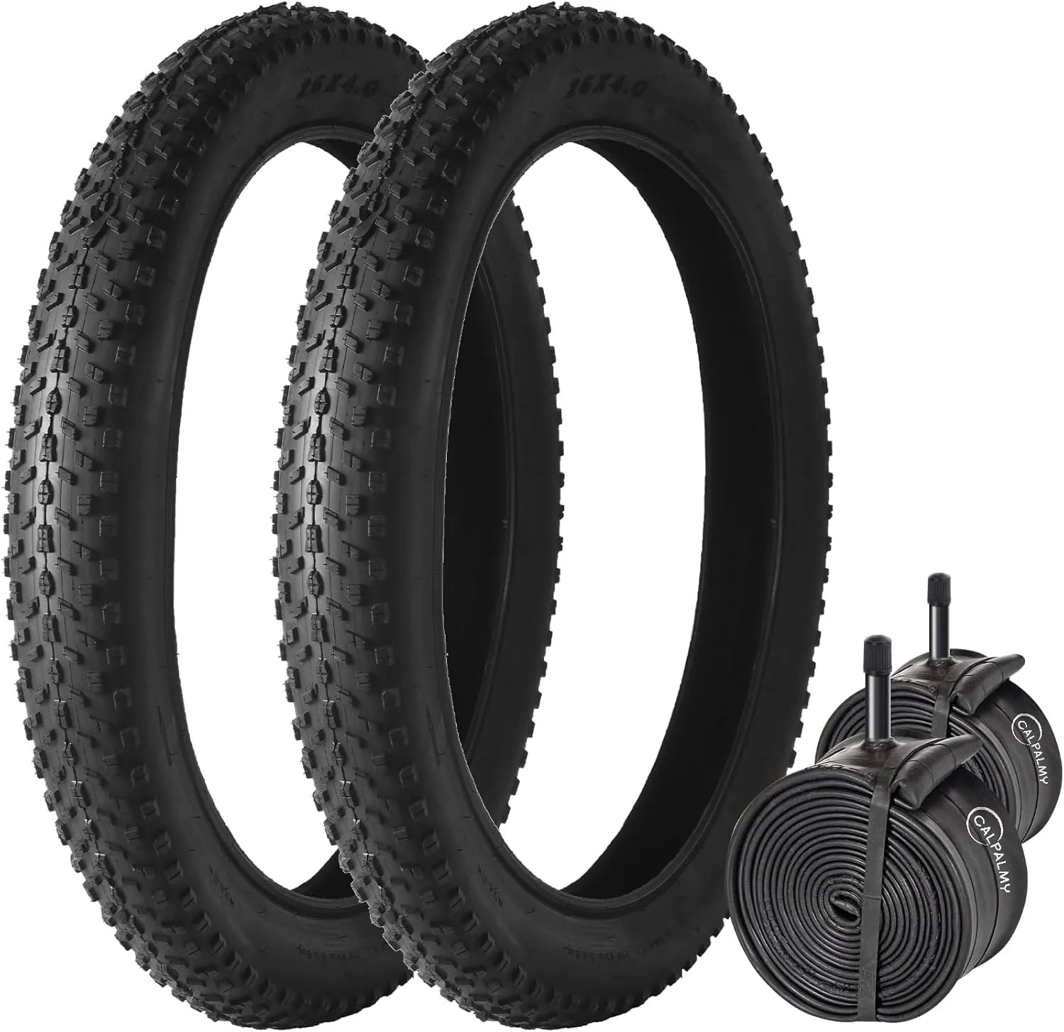 CALPALMY (2 Set) 26 Inch Fat Bike Tires and Inner Tubes Set - 26" x 4.0 Tires and 26x3.0/3.5/4.0 Tubes with Schrader Valve Fit for MTB Off-Road and E-Bike - Premium Rubber and Knobby Tread