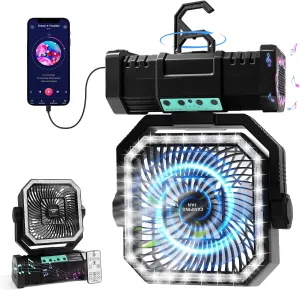 Camping Fan with Bluetooth Speaker Portable Fan,20000mAh Rechargeable Battery Powered Fans,Quiet 4-Speeds, 4-LED Light,360 Hanging Hook for Outdoor Picnic Tent Beach Travel Barbecue, Black