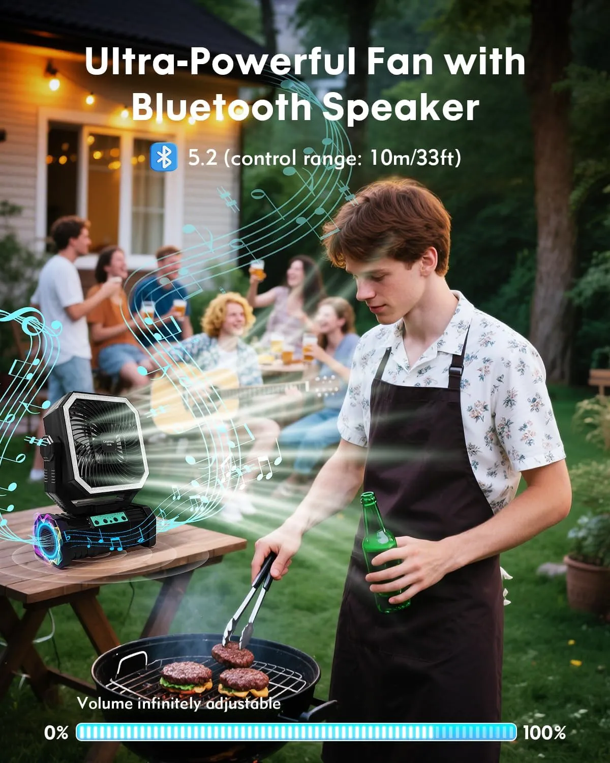 Camping Fan with Bluetooth Speaker Portable Fan,20000mAh Rechargeable Battery Powered Fans,Quiet 4-Speeds, 4-LED Light,360 Hanging Hook for Outdoor Picnic Tent Beach Travel Barbecue, Black