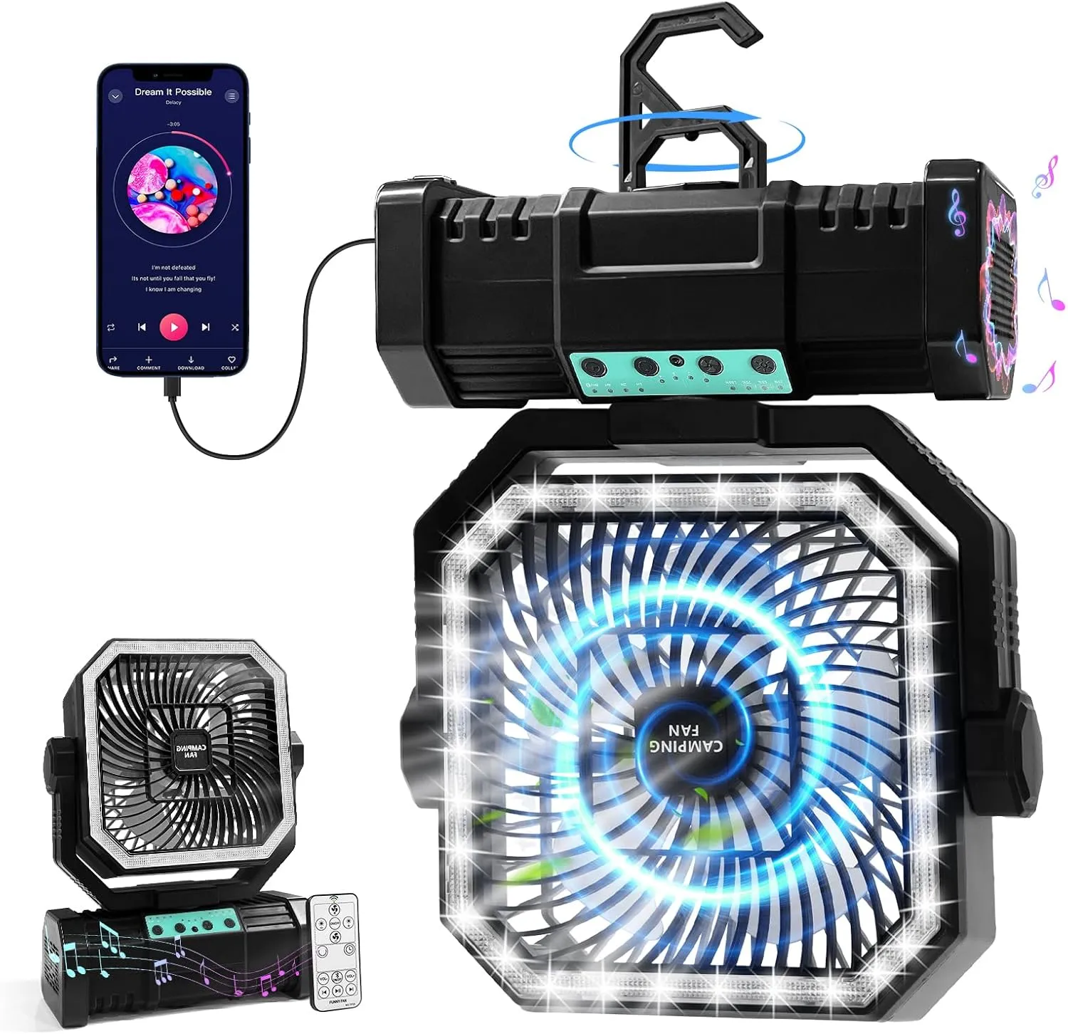 Camping Fan with Bluetooth Speaker Portable Fan,20000mAh Rechargeable Battery Powered Fans,Quiet 4-Speeds, 4-LED Light,360 Hanging Hook for Outdoor Picnic Tent Beach Travel Barbecue, Black