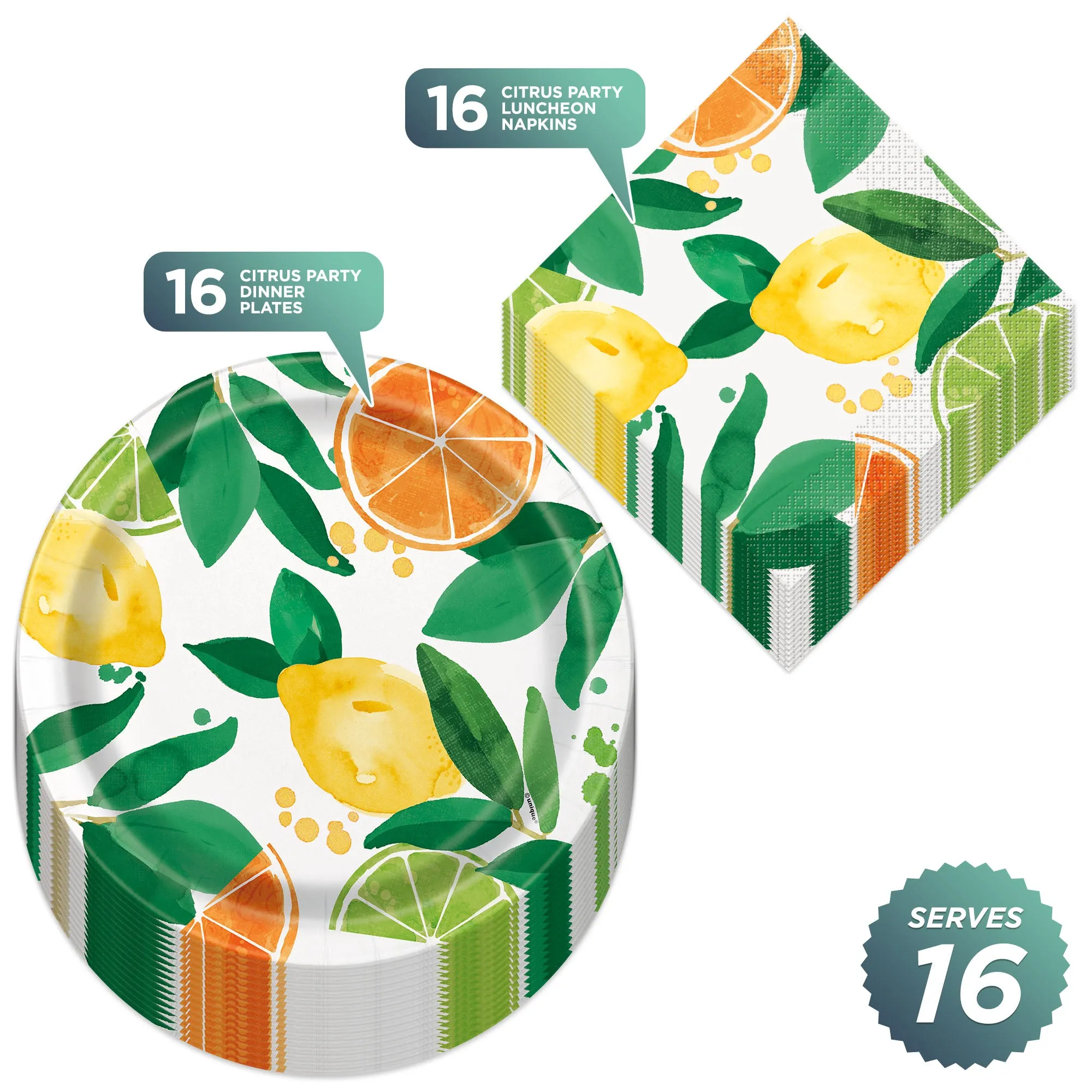 Lemon and Citrus Watercolor Paper Dinner Plates and Lunch Napkins (Serves 16)