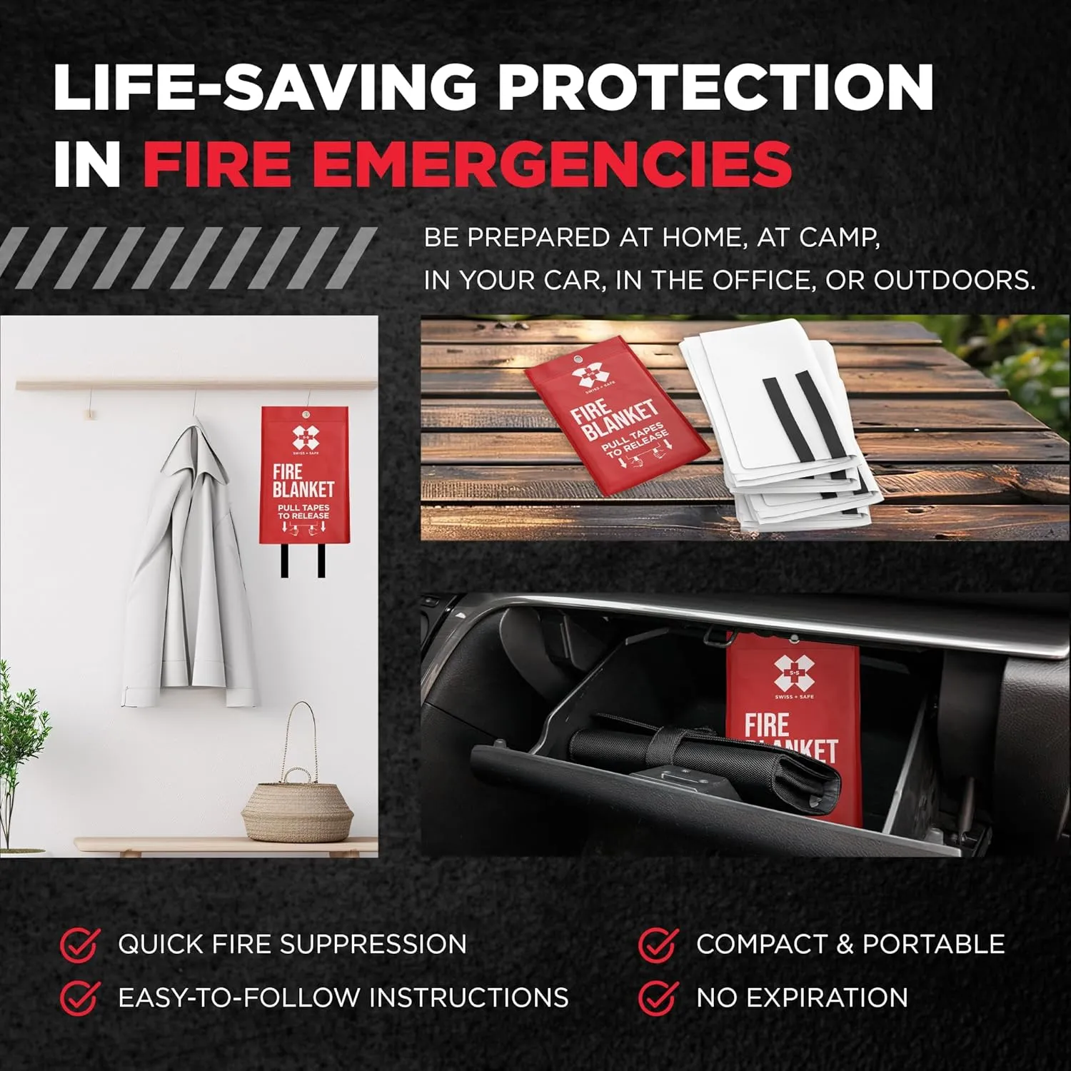 Swiss Safe Fireproof Blanket (2 Pack) - Home & Outdoor Emergency Fire Blankets for Kitchen Fires