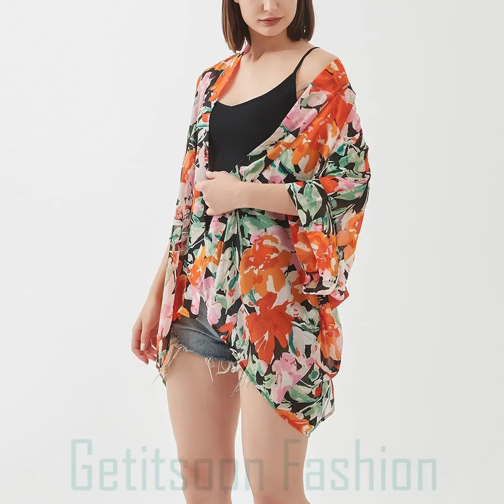 Women's Kimono Cardigans Camouflage Sheer Chiffon Blouse Boho Wrap Casual Coverup Loose Tops