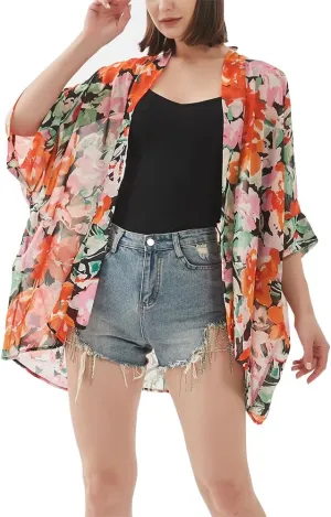 Women's Kimono Cardigans Camouflage Sheer Chiffon Blouse Boho Wrap Casual Coverup Loose Tops