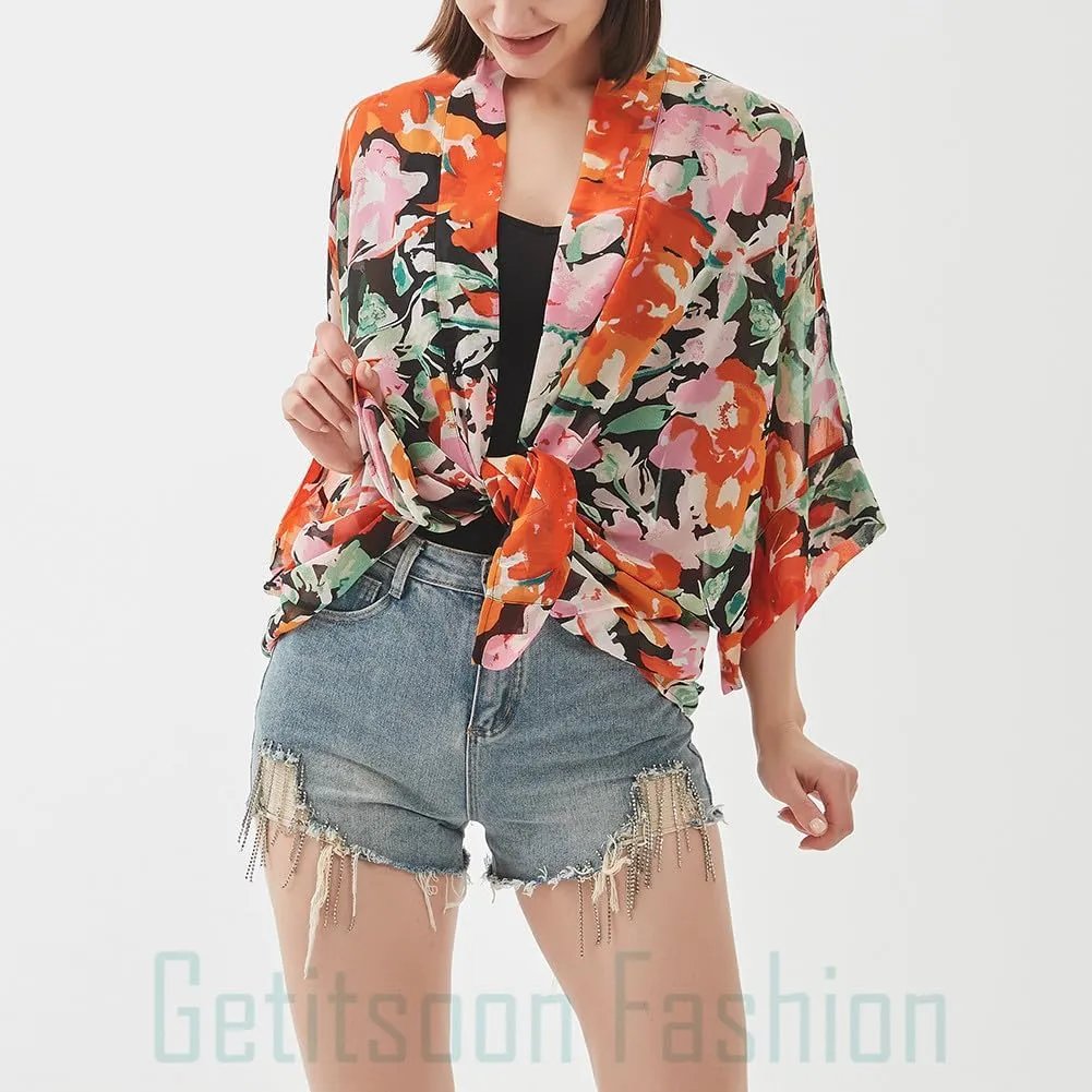 Women's Kimono Cardigans Camouflage Sheer Chiffon Blouse Boho Wrap Casual Coverup Loose Tops