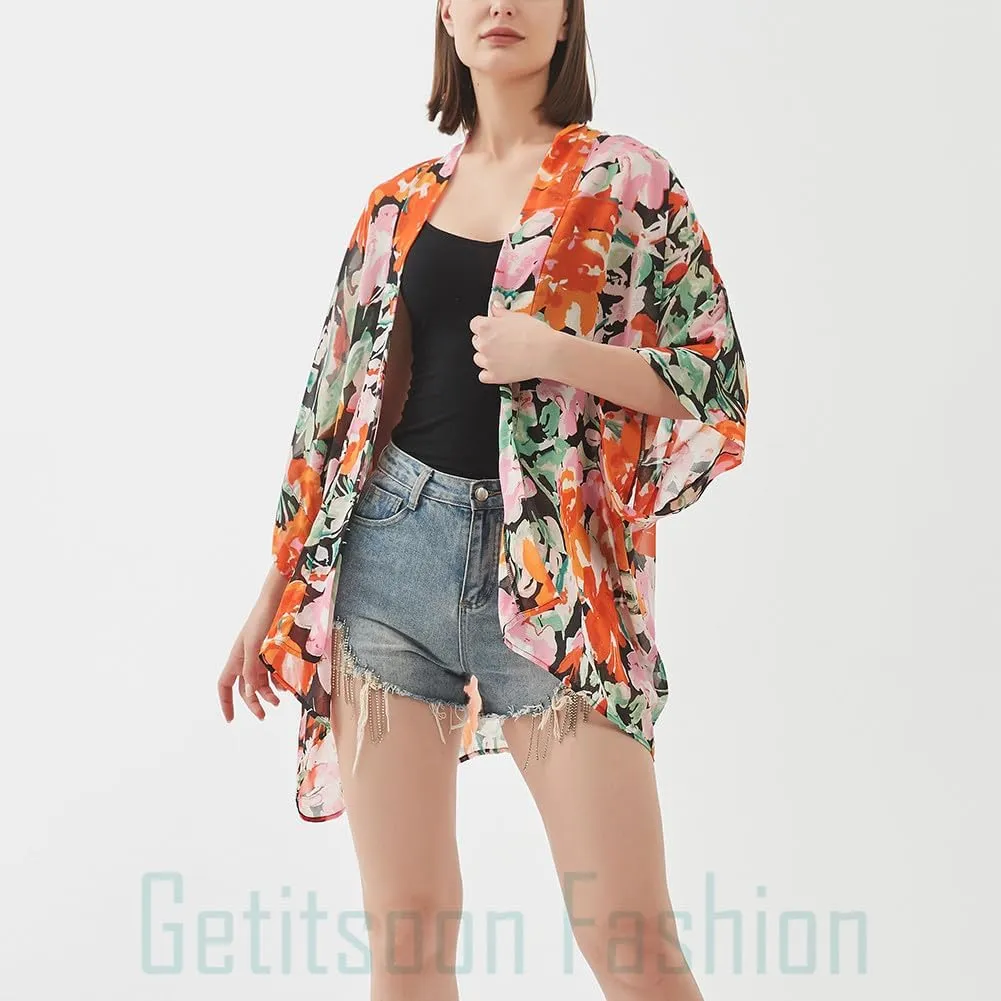 Women's Kimono Cardigans Camouflage Sheer Chiffon Blouse Boho Wrap Casual Coverup Loose Tops