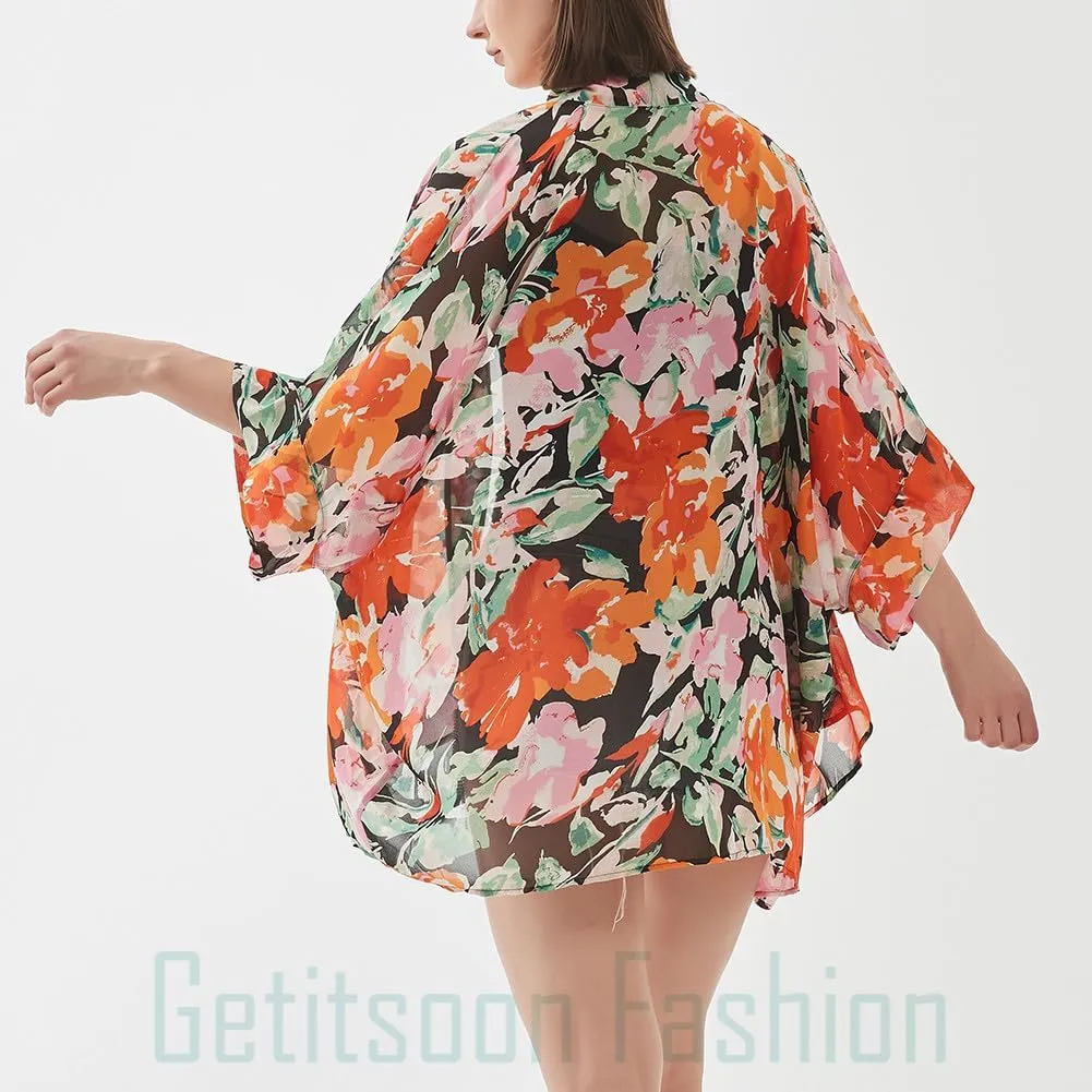 Women's Kimono Cardigans Camouflage Sheer Chiffon Blouse Boho Wrap Casual Coverup Loose Tops