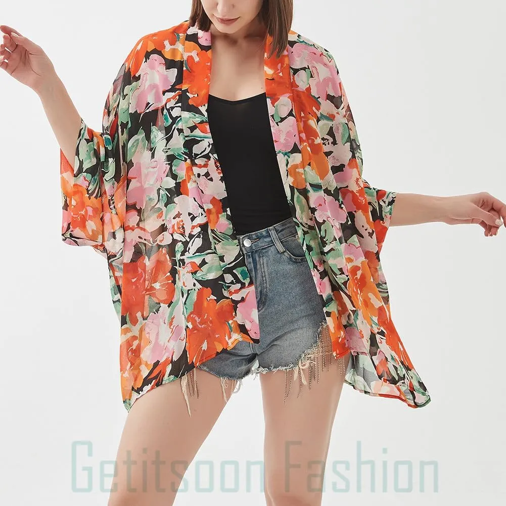 Women's Kimono Cardigans Camouflage Sheer Chiffon Blouse Boho Wrap Casual Coverup Loose Tops